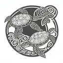 2 sea turtles a baby sea turtle and a dult sea turtle swimming together with a circle around them tattoo design idea