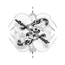 2 katanas in a cross formation with a rose vine tattoo design idea