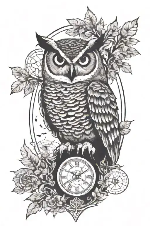 great horned owl and hour glass with trees growing tattoo design idea