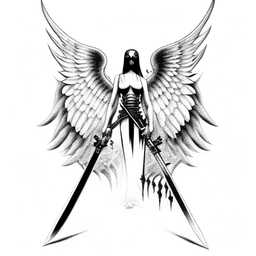 death with Angel wings katana and blood fire around it tattoo design idea
