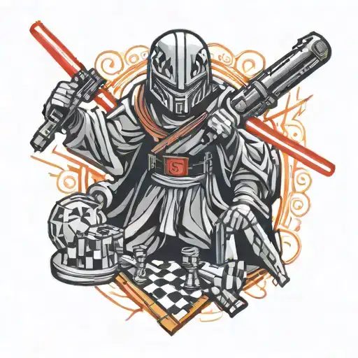 A new-school design of a red lightsaber intertwined with chess pieces, representing the client's interests in strategy games and Star Wars tattoo design idea