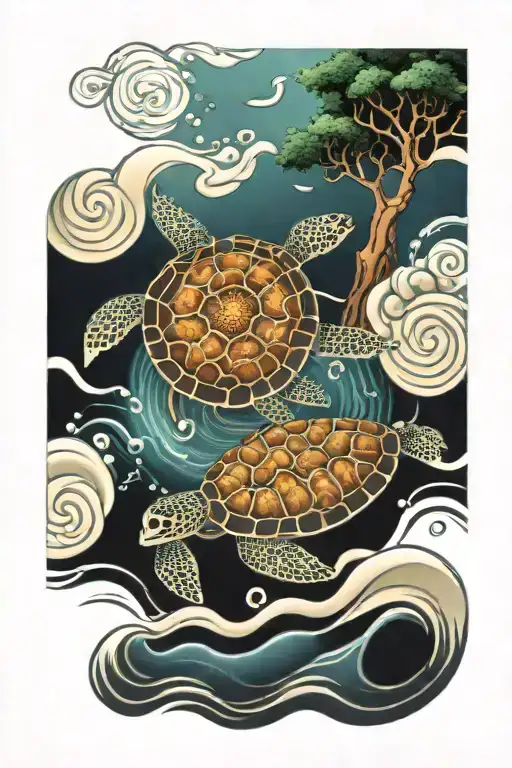 tree out of waves flowing with a mandala turtle swimming tattoo design idea