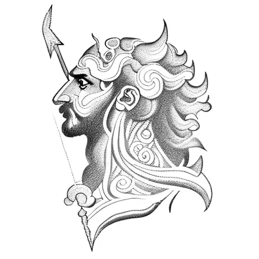 A blackwork tattoo of Zeus holding a lightning bolt, with intricate patterns and details. tattoo design idea