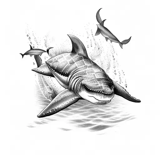 A dotwork tattoo showcasing a majestic shark whale gliding through the water, while turtles gracefully swim alongside in perfect harmony tattoo design idea