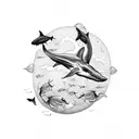 A stunning blackwork tattoo featuring a shark whale diving into the ocean depths, surrounded by a trail of tiny turtles tattoo design idea