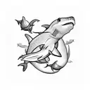 A stunning blackwork tattoo featuring a shark whale diving into the ocean depths, surrounded by a trail of tiny turtles tattoo design idea