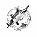 A stunning blackwork tattoo featuring a shark whale diving into the ocean depths, surrounded by a trail of tiny turtles tattoo design idea