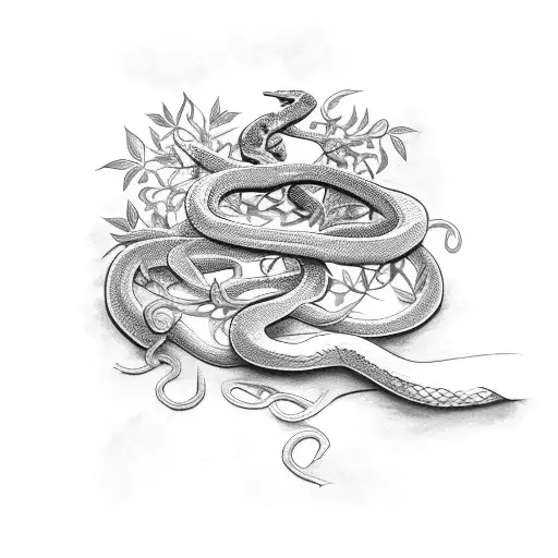 Snake wrapped around sword with vines and flowers in the background  tattoo design idea