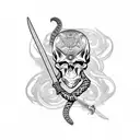 Skull with sword through it and snake wrapped around it with floral background tattoo design idea