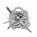 Skull with sword through it and snake wrapped around it with floral background tattoo design idea