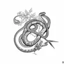 Snake wrapped around sword with vines and flowers in the background  tattoo design idea