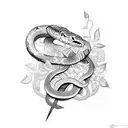 Snake wrapped around sword with vines and flowers in the background  tattoo design idea