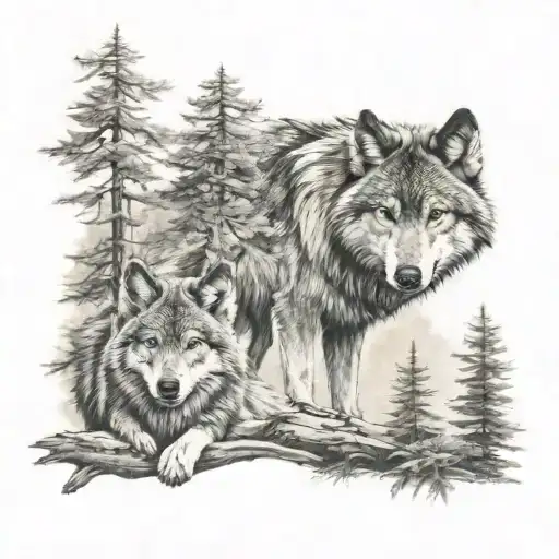 parent wolf over a Forrest and baby wolf  tattoo design idea