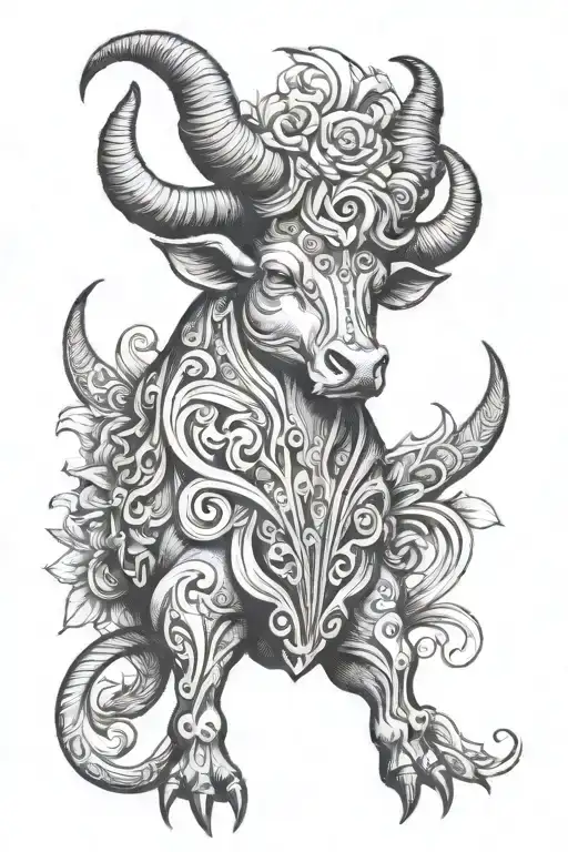 A stylized Taurus  tattoo with libra hanging on the Taurus horns tattoo design idea