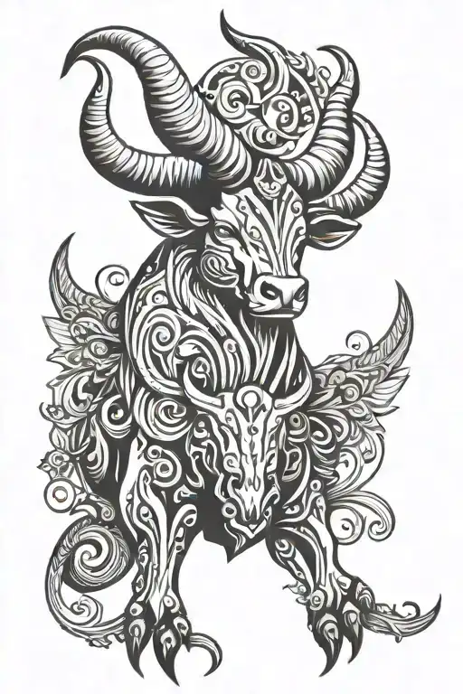 A stylized Taurus  tattoo with libra hanging on the Taurus horns tattoo design idea