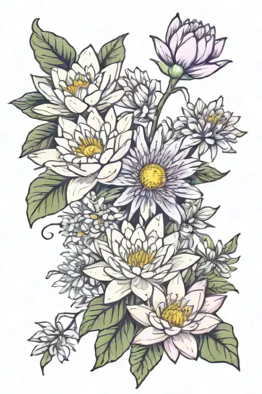 water lily, violet flower, and aster flower bouquet  tattoo design idea