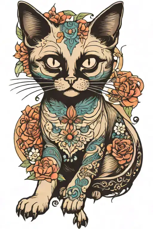 full body siamese cat playing tattoo design idea