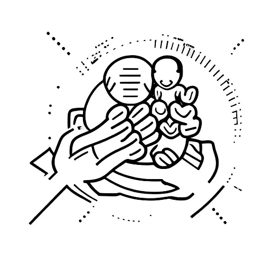 A minimalist tattoo of a father holding hands with his son and daughter, with a football incorporated into the design to represent their shared passion. tattoo design idea