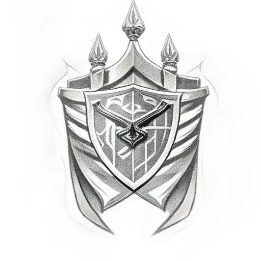 excalibur with shield and banner tattoo design idea