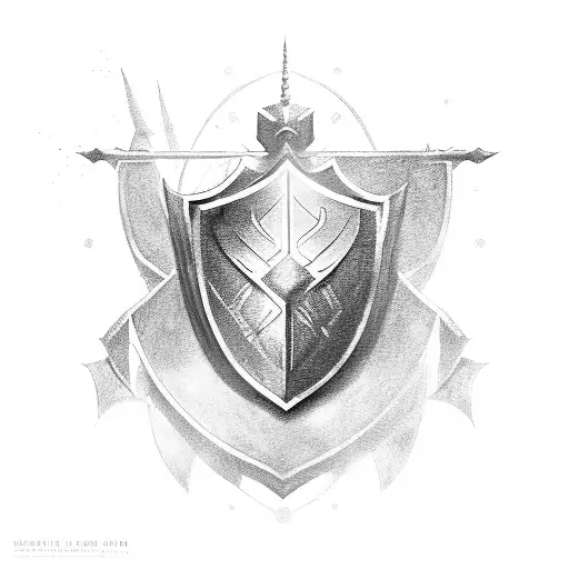 excalibur with shield and banner tattoo design idea