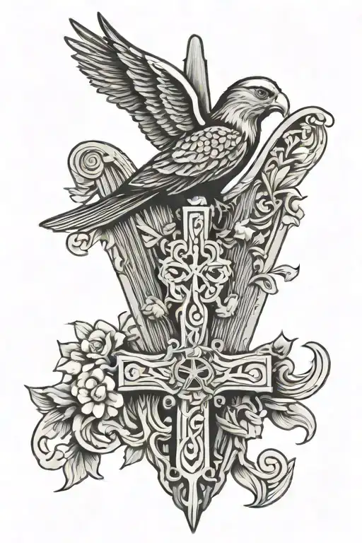 catholic cross polish falcon perched irish harp tattoo design idea