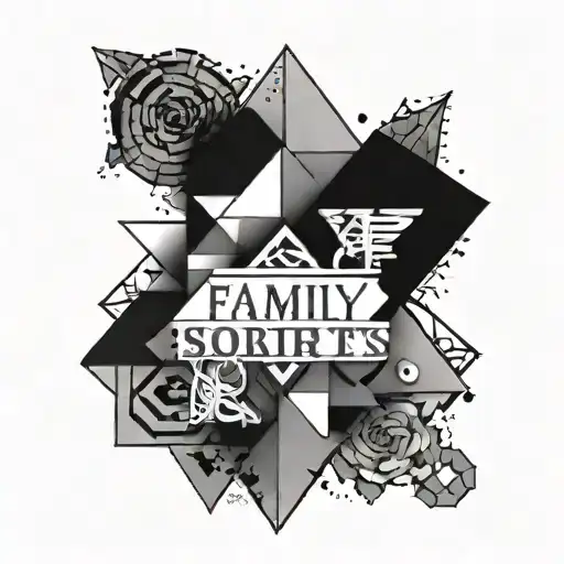 A geometric design incorporating the words 'sobriety' and 'family', with a subtle X hidden within tattoo design idea