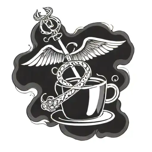 Incorporate an X symbol (representing sobriety) with a coffee cup and a medical caduceus in a blackwork style tattoo tattoo design idea