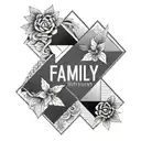 A geometric design incorporating the words 'sobriety' and 'family', with a subtle X hidden within tattoo design idea