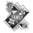 A geometric design incorporating the words 'sobriety' and 'family', with a subtle X hidden within tattoo design idea