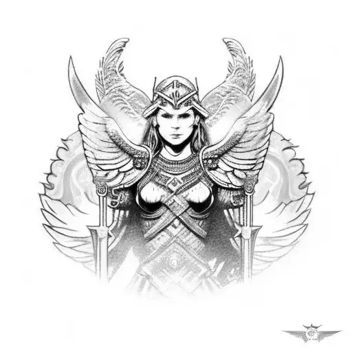A black and grey tattoo of a beautiful Valkyrie warrior, with flowing hair and wings, holding a shield adorned with Viking symbols. tattoo design idea