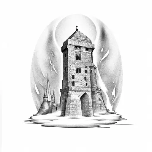 medieval stone tower with flames going oout through the windows tattoo design idea