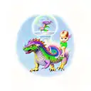 falcor the luck dragon with 3 kids on his back with cherry blossom tattoo design idea