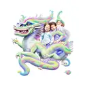 falcor the luck dragon with 3 kids on his back with cherry blossom tattoo design idea