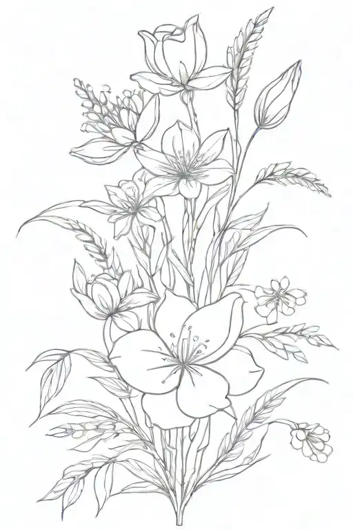bouquet, rose, Lily, wheat, pussy willow, Daisy, snow drop tattoo design idea