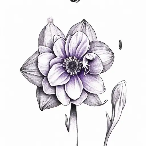 violet with stem saying Kamryn, Daisy with stem saying Paizley, daffodil with stem saying Aaron, morning glory with stem tattoo design idea