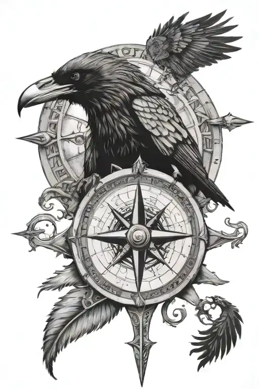 viking compass, ravens, odin tattoo design idea