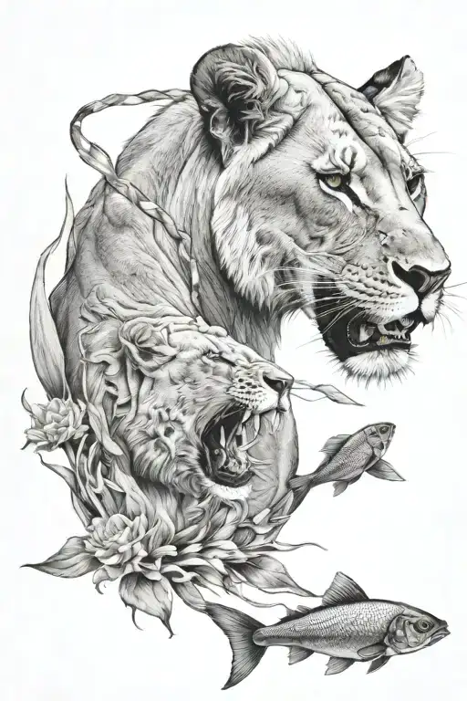 lioness and fish tattoo design idea