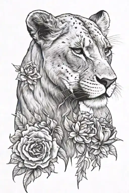 A lioness wearing bull skull tattoo design idea