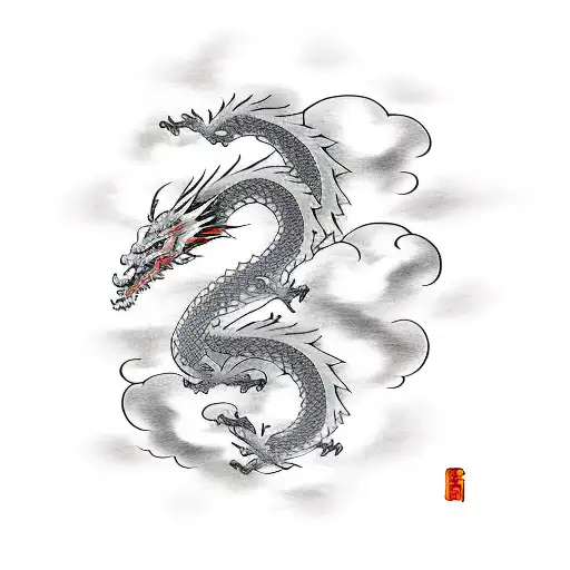 dragon with katana and clouds tattoo design idea