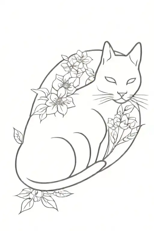 A minimalist design of a cat surrounded by a variety of beautiful flowers tattoo design idea