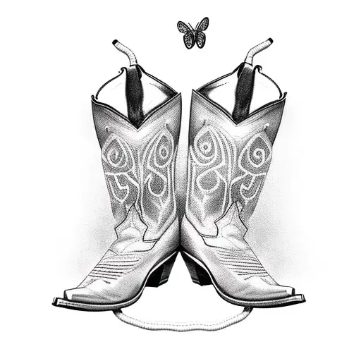Cowboy boot/boots with a lasso around them and a cowboy hat on top of them. With butterflies flying around the boots.  tattoo design idea