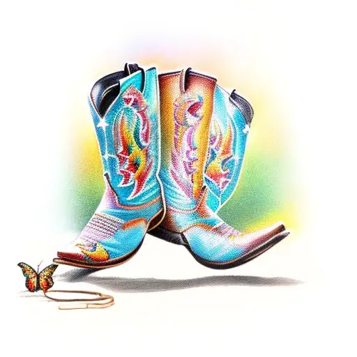 a pair of cowboy boots with a cowboy hat on top of the boot/boots and with butterflies flying around the boots.  tattoo design idea