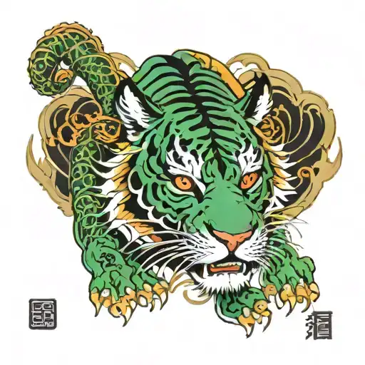 Ancietn Dynasty tiger dragon green, red gold and black colors  tattoo design idea