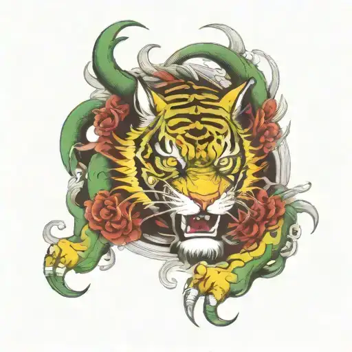 Ancietn Dynasty tiger dragon green, red gold and black colors  tattoo design idea