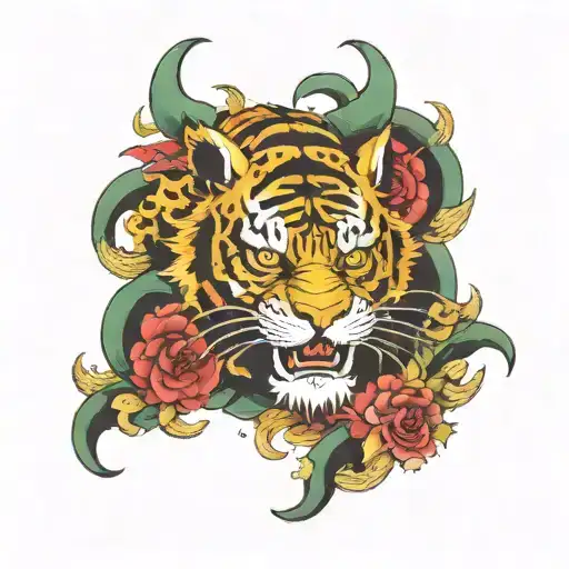 Ancietn Dynasty tiger dragon green, red gold and black colors  tattoo design idea