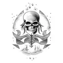 pirate theme full arm sleeve with a pirate ship, a treasure chest, a shark, a mermaid, and a skeleton pirate. tattoo design idea