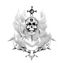 pirate theme full arm sleeve with a pirate ship, a treasure chest, a shark, a mermaid, and a skeleton pirate. tattoo design idea