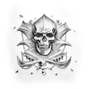 pirate theme full arm sleeve with a pirate ship, a treasure chest, a shark, a mermaid, and a skeleton pirate. tattoo design idea
