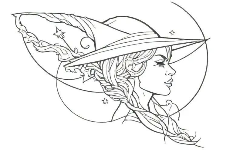 Witchy line art sleeve tattoo featuring tattoo design idea