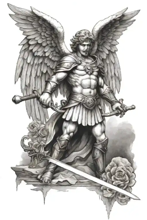 A dotwork tattoo of a guardian angel holding a sword, watching over the client during their wrestling matches and gym sessions tattoo design idea